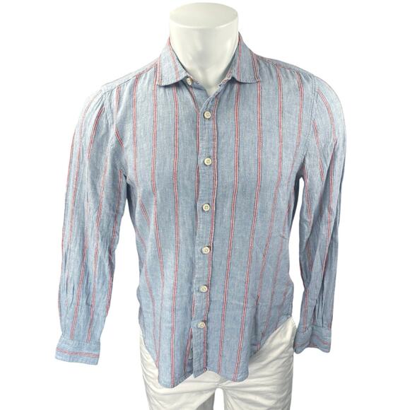7 For All Mankind Men Blue Pink Striped Long Sleeve Button Up Dress Shirt Top S - Picture 1 of 4